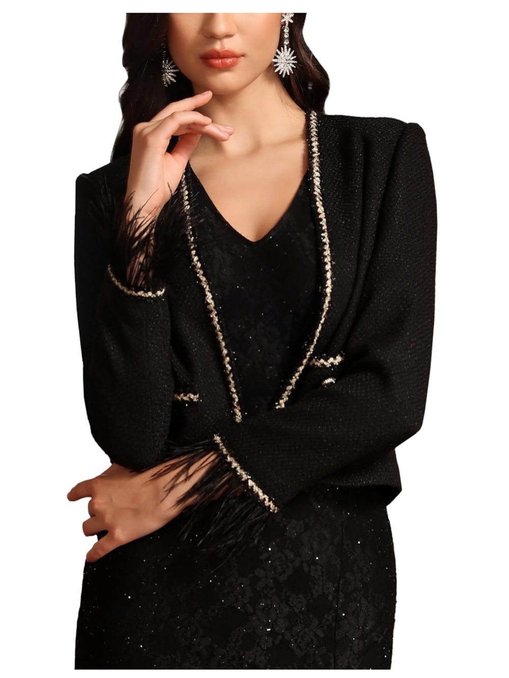 Womens Tweed Cropped Blazer Feathered Cuff Rhinestone Button new